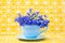 A light blue cup with a saucer and a bouquet on a yellow geometric textile background