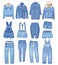 Light blue denim clothing. Jeans, jacket, shorts, overalls and skirt. Ripped jeans set. Vector denim illustration