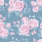 Light blue denim with colorful floral pattern. Beautiful english rose floral seamless background. Realistic roses hand