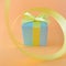 Light blue gift box at the end of the spiral yellow ribbon, orange background, square.