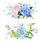 Light blue, green hydrangea, pink, white rose, succulent, forget