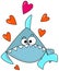 Light Blue lovely shark on a white background with orange hearts. Congratulations on Valentines Day. Cute cartoon