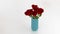 Light blue vase with five big red roses in infinite rotation