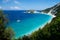 Light blue water on beach with sail on Gidaki on the Ithaca Ithaki or Ithaka island like paradise with blue sky in Greece