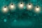 Light blue wonderful brilliant glitter lights defocused bokeh abstract background with light bulbs and falling snow flakes fly,