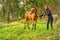 A light brown buckskin foal, the female owner stands next to the stallion Autumn Sun