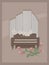 Light brown postcard with small room organ wooden brown and gray with two keyboards for hands, pages with notes and pink rose flow