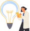 Light bulb as symbol of invention. Lady scientist works with generating ideas, search for solutions