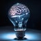 Light bulb with a brain inside, neon light. Idea concept. AI generative