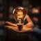 Light bulb clutched by executive hand, integrating ideas with mechanics