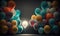 Light bulb. Colorful glowing balloons. Beautiful colorful picture. Generative AI