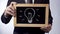 Light bulb drawing on blackboard, male in black suit holding sign, business idea