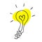 Light bulb flat icon with filament in shape of heart. Romantic and love ideas association. Doodle vector illustration in