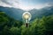 Light bulb on forest mountain background, sustainability, renewable green energy and idea concept. generative ai