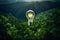 Light bulb on forest mountain background, sustainability, renewable green energy and idea concept. generative ai