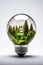 A light bulb with a forest of trees inside, representing the idea of renewable energy and a sustainable future