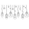 Light bulb hang from ceiling on wire. Electric lighting. Set of glass devices.