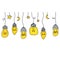 Light bulb hang from ceiling on wire. Electric lighting. Set of glass devices.