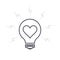 Light bulb icon as a symbol of idea. Outline lamp vector sign with lightning and heart inside. Creative valentines day