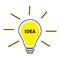 Light bulb line icon. Idea text inside. Shining effect. Yellow color switch on lamp. Business success concept. Flat design. White