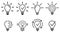 Light bulb linear icon set. Ideas and process icon in flat style. Light Bulb with gear, checkmark and arrows icon. Implementation