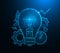 Light bulb low poly art. Light bulb idea, gears, speedometer, rocket and analytics polygonal vector illustrations on a blue