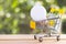 Light bulb in mini shopping cart against blurred natural green background. Saving energy and environment