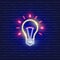 Light bulb neon sign. Idea icon Vector illustration for design website, advertising, promotion, banner. Brainstorm concept