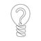 Light bulb with question mark one line art, hand drawn asking sign, idea concept continuous contour. Sign of scientific discovery