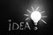 Light bulb with rays on the black chalkboard with title idea! written by white chalk,