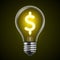 Light bulb with a shining dollar sign on a dark background. Electricity price concept vector banner
