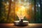 A light bulb on a wooden tabletop in the background of a blurry forest. Nature conservation concept