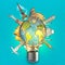 Light bulb, world map and city sights