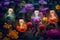 Light Bulbs with colorful flowers in a forest. Glowing bulbs.