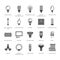Light bulbs flat glyph icons. Led lamps types, fluorescent, filament, halogen, diode and other illumination. Thin linear