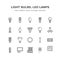 Light bulbs flat line icons. Led lamps types, fluorescent, filament, halogen, diode and other illumination. Thin linear