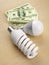 Light bulbs in front of dollar bill stack