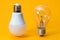 Light bulbs. isolated of Incandescent bulbs, fluorescent bulbs, orange old generation bulb, Tungsten bulb, and white energy saving