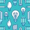 Light bulbs seamless pattern with flat line icons. Led lamps types, fluorescent, filament, halogen, diode and other