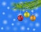 Light Christmas background with three holiday evening balls and branch of green fir tree