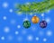 Light Christmas background with three holiday evening balls and branch of green fir tree