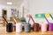 Light class in Montessori kindergarten. The colorful Montessori pencil holders is in the foreground. nobody