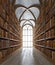 Light coming through arched window in library or reading room with many old books.Vintage style.