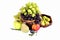 Light and dark grapes in a wooden bowl with an apple pear plum a