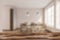 Light dining room interior with furniture blurred, mockup