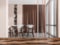 Light eating room interior with seats and table blurred, wooden desk. Mockup