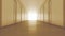 Light in the end of tunnel. Moving to the light seamless 3d Animation. Endless corridor with closed doors in warm light