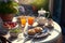 Light European breakfast on a beautifully decorated table - Generative AI