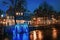 Light Festival Amsterdam, floating blue light object on the in the canal Brouwersgracht in the old town of Amsterdam