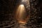 light filtering through a hole in the ceiling of a cave labyrinth